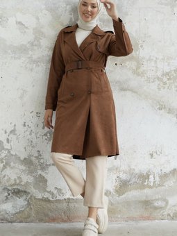 Minka Kuşaklı Scuba Süet Trenç Taba