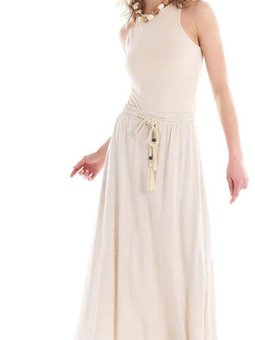 Krem Püsküllü Beli Lastikli Keten Uzun Etek