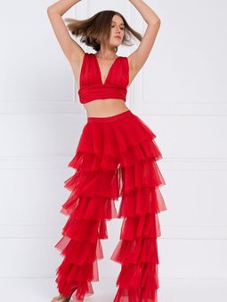 Kırmızı Volanlı Tül Pantolon