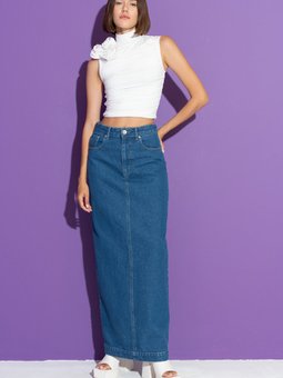 Mavi Yırtmaç Detaylı Uzun Kot Etek