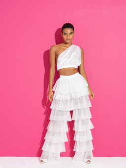 Offwhite Volanlı Tül Pantolon