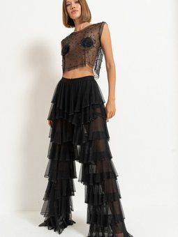 Siyah Bel Lastikli Volanlı Taşlı Pantolon