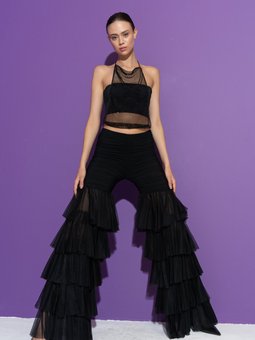 Siyah Fırfırlı Tüllü Pantolon