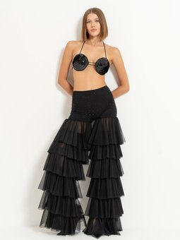 Siyah Kat Kat Volanlı Taşlı Pantolon