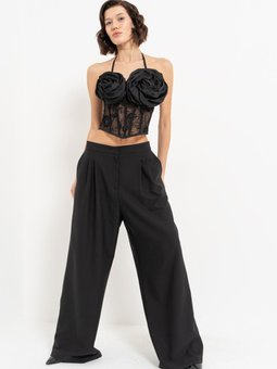 Siyah Pileli Bol Kumaş Pantolon