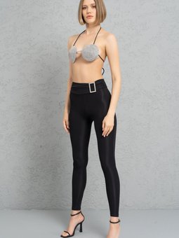 Siyah Taşlı Kemer Tokalı Tayt