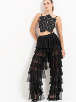 Siyah Volanlı Tül Pantolon