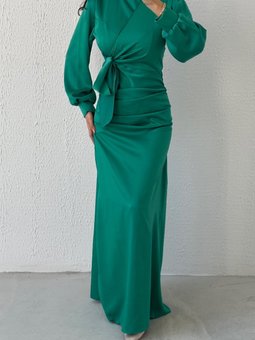 Büzgü Ve Düğüm Detaylı Saten Abiye Elbise Açık Yeşil