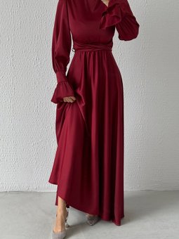 Volan Kol Detaylı Saten Abiye Elbise Bordo