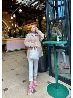 Çapraz Cepli Oversize Kesim Kolları Lastikli Kot Vizon Ceket