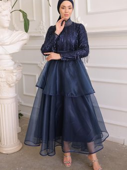 Amanda Organze Pul İşlemeli Abiye Elbise Lacivert