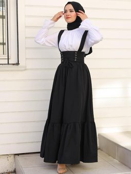 Korse Detaylı Trikoton Kumaş Askılı Jile Siyah