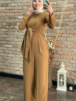 Kuşak Detaylı Krep Kumaş Tulum Camel