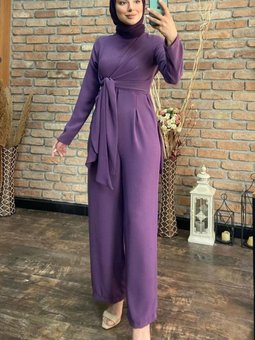 Kuşak Detaylı Krep Kumaş Tulum Mor