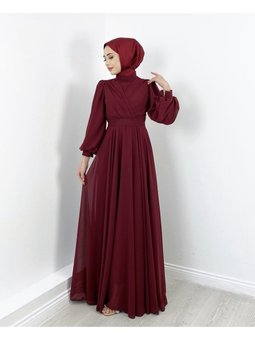 Abiye Elbise Kruvaze Yaka Şifon Kumaş Kloş Kesim Moda Düğün Şıklığı – Bordo