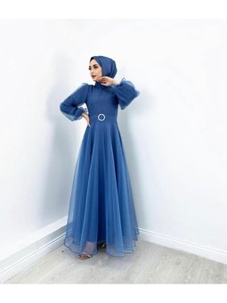 Tül Abiye Elbise Belden Kemerli Tasarım Moda Düğün Şıklığı Buz Mavisi