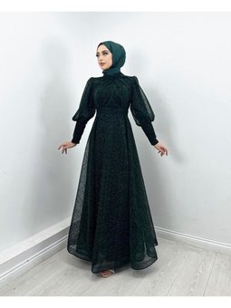 Tül Abiye Elbise Jakarlı Simli Dokuma Kumaş Moda Düğün Şıklığı – Zümrüt Yeşili
