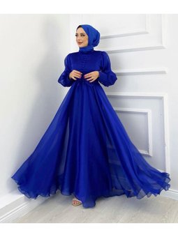 Tül Vintage Abiye Elbise Düğme Ve Bel Kemeri Detaylı Tasarım Moda Düğün Şıklığı – Saks Mavisi