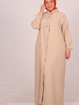 Bej Büyük Beden Dik Yaka Gizli Fermuarlı Keten Airobin Ferace