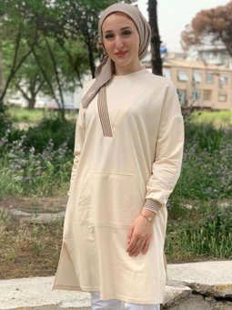 Bej Önden Cepli V Detaylı Tunik