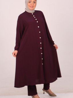 Mürdüm Büyük Beden Hakim Yaka Dokuma Bürümcük Pantolonlu Takım