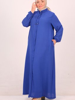 Saks Mavisi Büyük Beden Dik Yaka Gizli Fermuarlı Keten Airobin Ferace