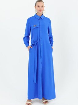 Saks Mavisi Taşlı Ferace Elbise