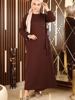 Düğmeli Yandan Bağlamalı Ferace Kahverengi 19133