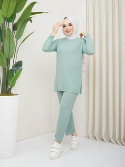 Çagla Yeşili Yırtmaçlı Bluz Alt Palazzo Fitilli Takım Tkm