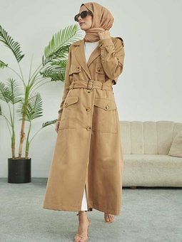 6625 Kuşaklı Trençkot Koyu Bej