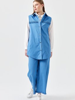 Zımba Detaylı Kanvas Yelek Mavi