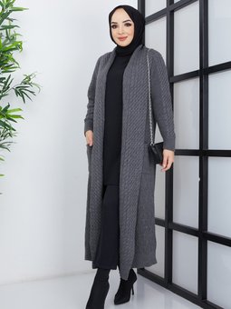 Antrasit Şal Yaka Örgü Detaylı Cepli Triko Hırka