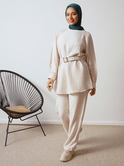 Ağaç Kabuğu Kumaş Kemerli İkili Taş Rengi Takım