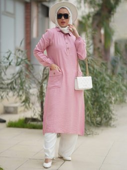 Göğüs Düğmeli Cepli Çan Uzun Tunik Derin Pembe