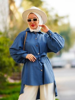 Önü Kısa Arka Uzun Belinden Kemerli İndigo Tunik