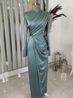 Saten Sare Abiye Elbise Mint