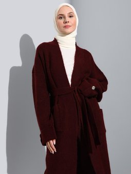 Cep Detaylı Kol Katlamalı Triko Hırka Bordo