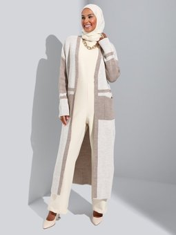 Çizgi Detaylı Tam Boy Triko Hırka Kemik Vizon