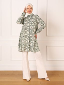 Etnik Desenli Viskon Yeşil Gömlek Tunik