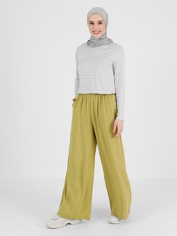 Geniş Paça Beli Lastikli Viskon Pantolon Yağ Yeşili