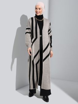 Geometrik Desenli Balon Kollu Uzun Triko Hırka Vizon Siyah