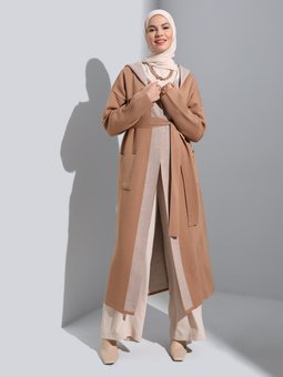 Kapüşonlu Yaka Kuşaklı Triko Hırka Camel