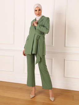 Keten Görünümlü Bağlama Detaylı Klasik Ceket Çağla