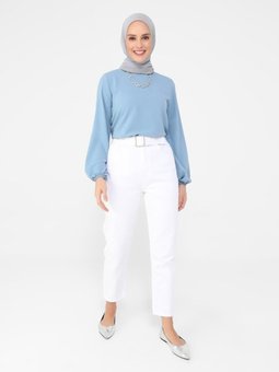 Mom Kalıp Kemer Detaylı Kot Pantolon Ekru