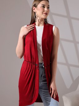 Bordo Kordon Detaylı Oval Etek Ajur Desenli Penye & Yelek