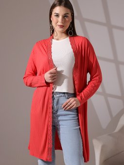 Mercan Yumuşak Dokulu Penye Dantel Detaylı Uzun Büyük Beden & Hırka