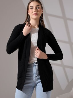 Yaka Ve Kol Bant Detaylı Puantiye Jakarlı Esnek Penye Uzun & Hırka