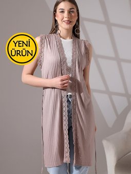 Yumuşak Dokulu Penye Dantel Detaylı Kuşaklı Uzun Yelek Büyük Beden & Hırka
