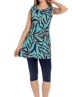 Turkuaz Likralı Yarı Kapalı Mayo