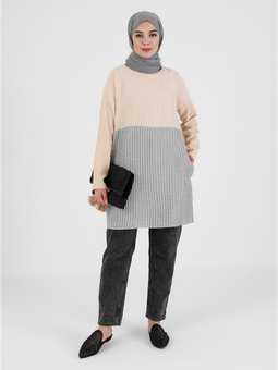 Garnili Çizgili Siyah Safran Tunik